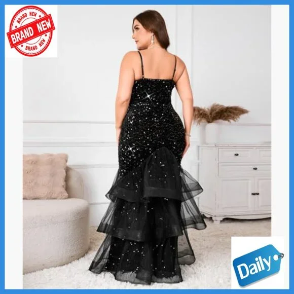 Sequin Mesh Maxi Dress Sleeveless Formal Gown Plus Size Mermaid Fishtail